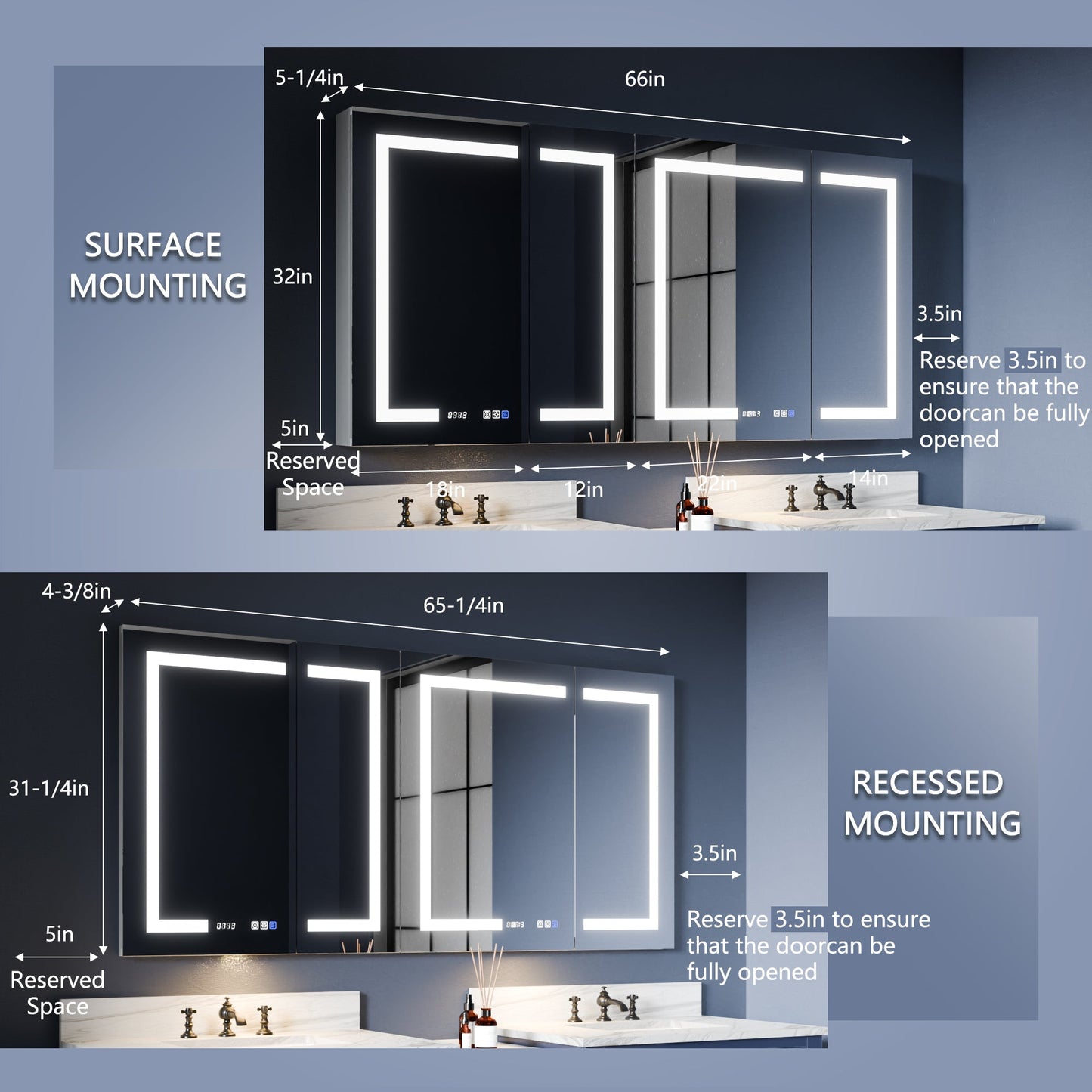 Boost-M2 66" W x 32" H Bathroom Narrow Light Medicine Cabinets with Vanity Mirror Recessed or Surface - ExBriteUSA
