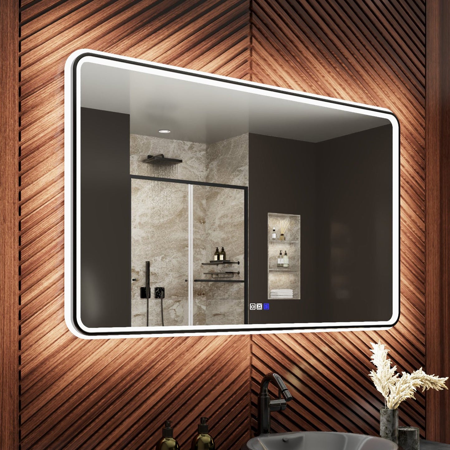 Lumina 48" W x 30" H LED Lighted Bathroom Mirror,High Illuminate, Inner & Outer Lighting,Anti-Fog, Dimmable,Black Frame with Rounded Corners
