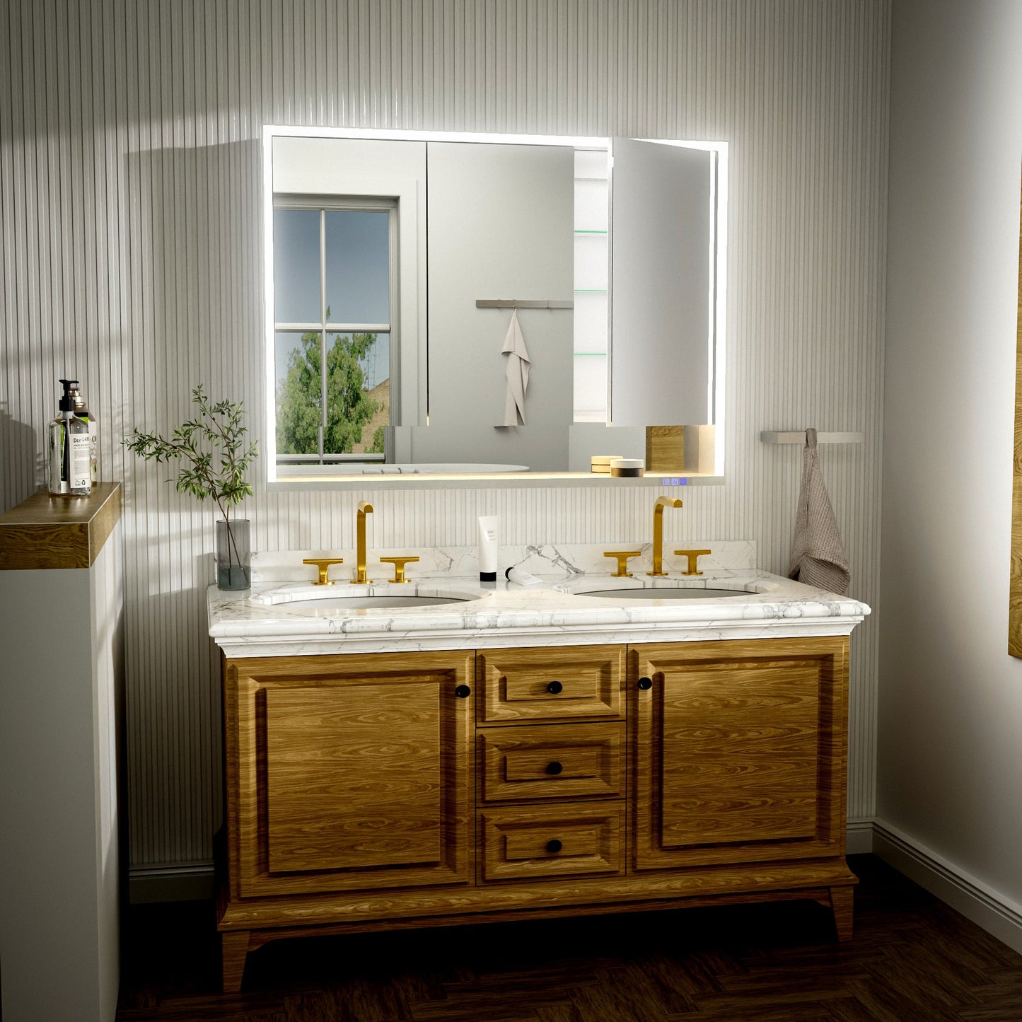 Ample 48" W x 36" H LED Lighted Chrome Medicine Cabinet with Mirror and Shelves for Bathroom Recessed or Surface Mount - ExBriteUSA