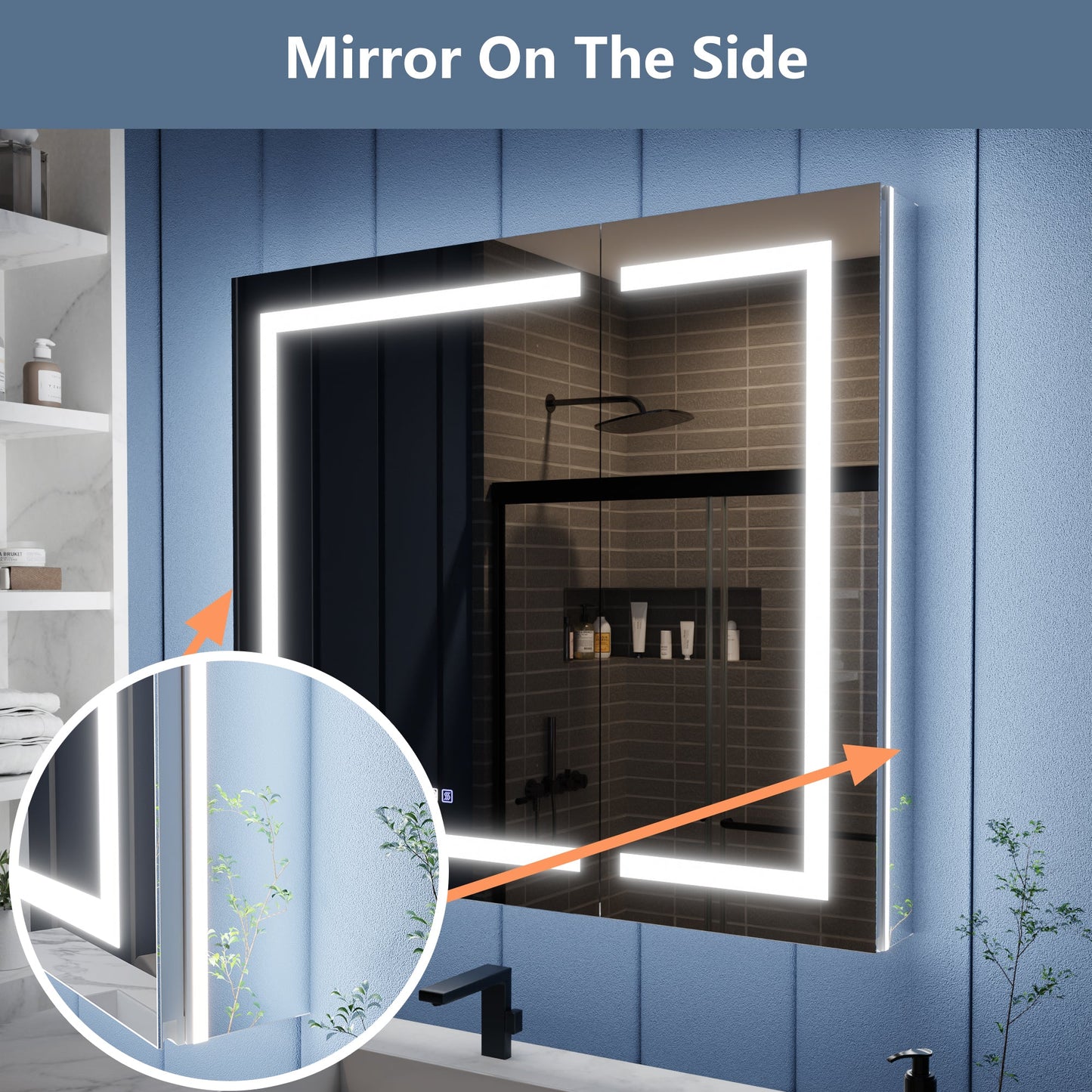 Bathroom mirror with LED lighting on a blue wall, with a close-up inset showing the light.