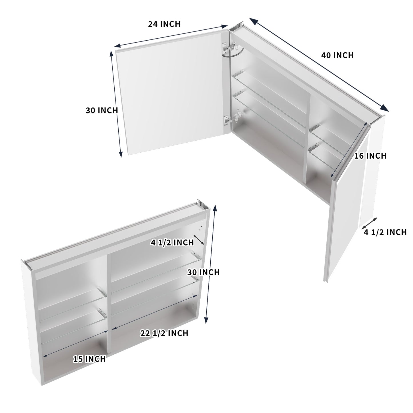 ExBrite 40"W x 30"H LED Medicine Cabinet with Anti-Fog, Stepless Color Temperature and Dimming, Adjustable Shelves, Aluminum Frame, Recessed or Surface Mount - ExBriteUSA