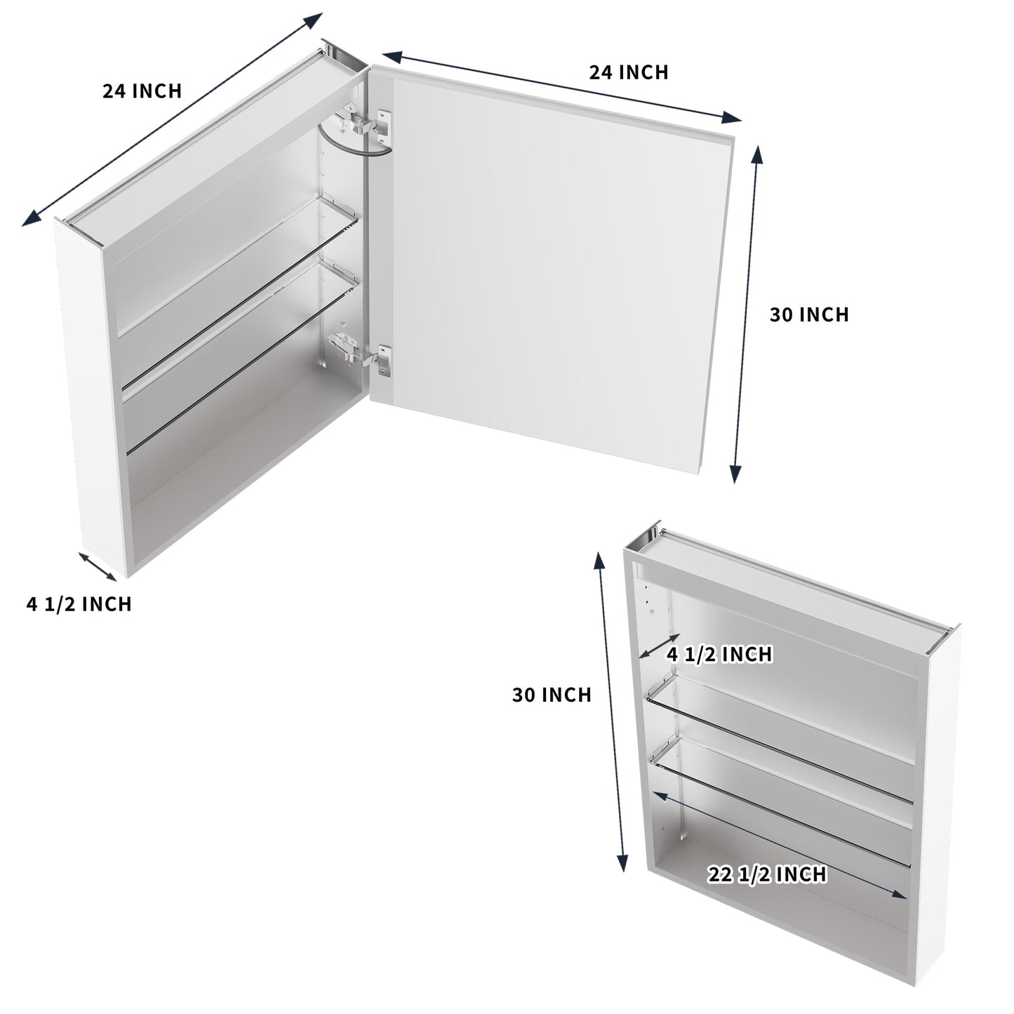 ExBrite 24"W x 30"H LED Medicine Cabinet with Anti-Fog, Stepless Color Temperature and Dimming, Adjustable Shelves, Aluminum Frame, Recessed or Surface Mount, Hinge on Right - ExBriteUSA