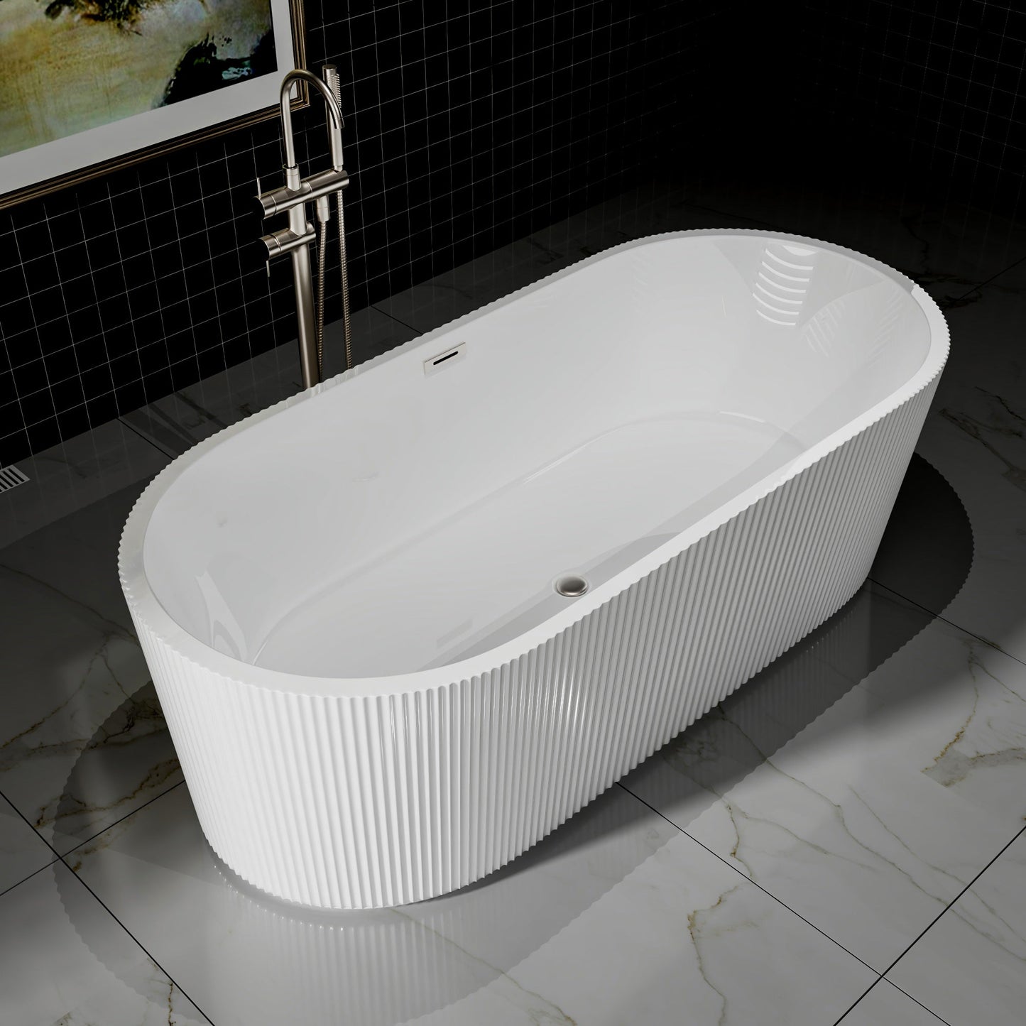 WSP-NK Exbrite 67' Acrylic Freestanding Bathtub, Unique Pleated Design, Glossy White, Brushed Nickel Overflow and Pop-Up Drain, cUPC Certified