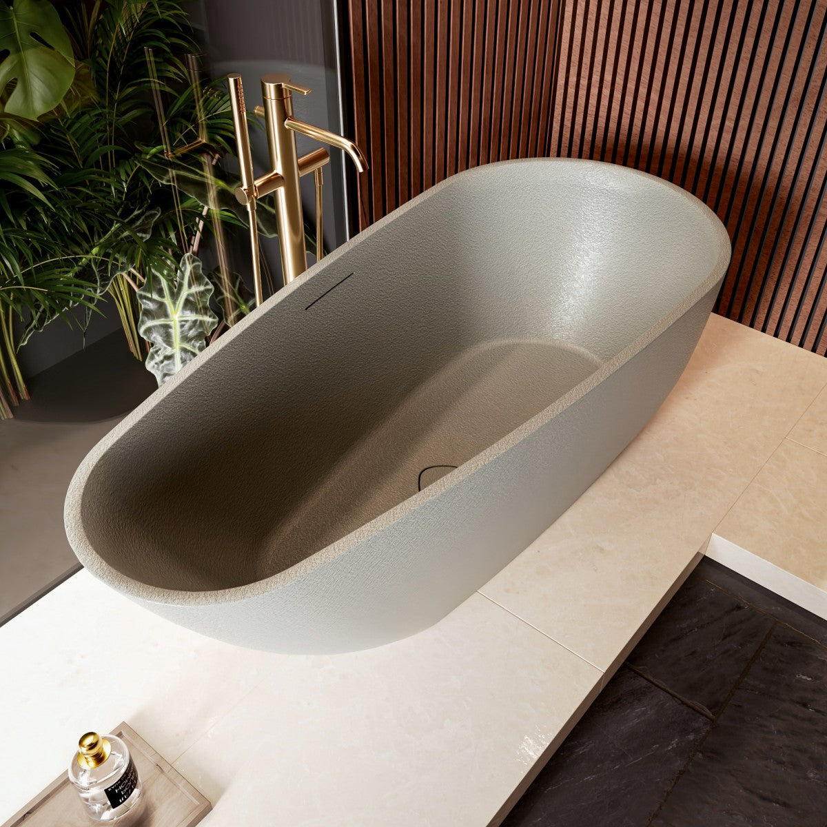 Allsumhome RockE 67" Oval Solid Surface Stone Freestanding Bathtub,Stone Touch,Cement Gray,Scratch-proof,cUPC Certified,No Drain