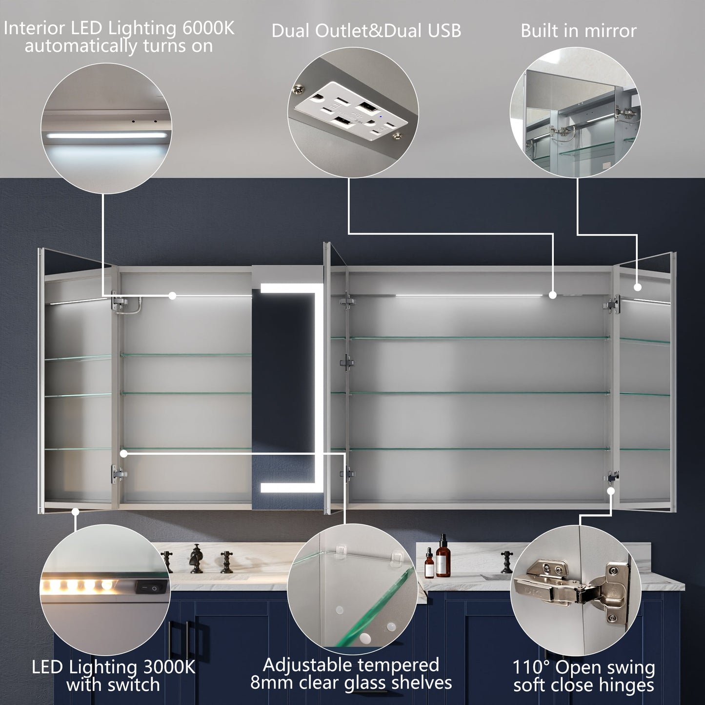 Boost-M2 66" W x 32" H Bathroom Narrow Light Medicine Cabinets with Vanity Mirror Recessed or Surface - ExBriteUSA