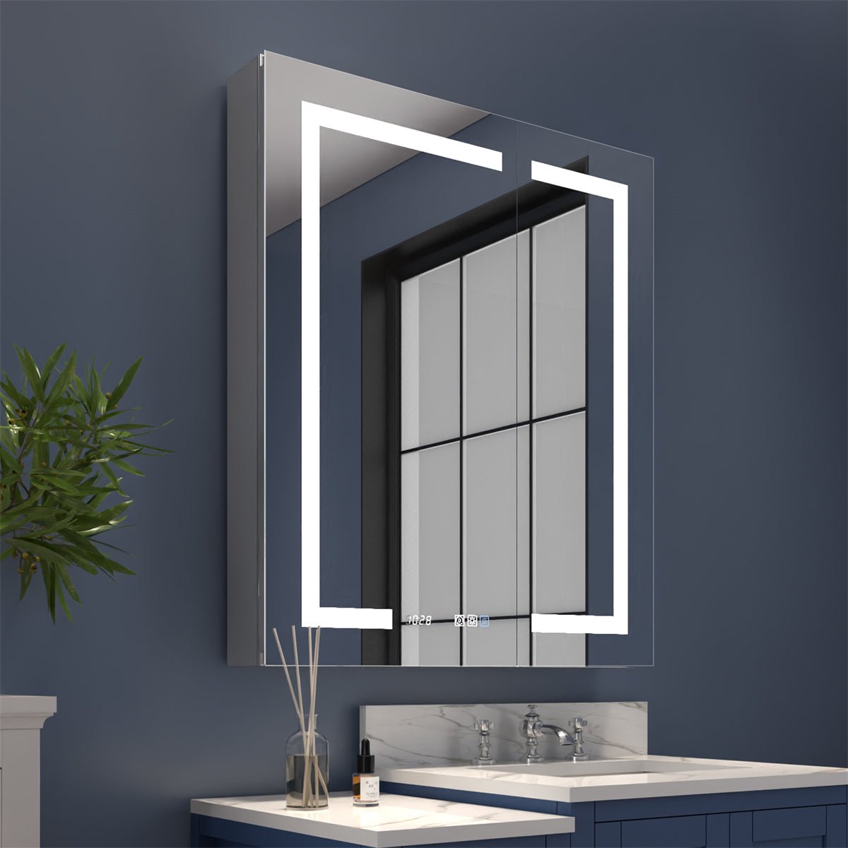 Boost-M2 30" W x 36" H Bathroom Light Medicine Cabinets Recessed or Surface Defogger, Dimmer, Clock,Outlets & USB