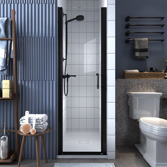 Classy 24-25 1/2" W x 72" H Small Shower Door Hinged Pivot Black Install Clear Glass Shower Door
