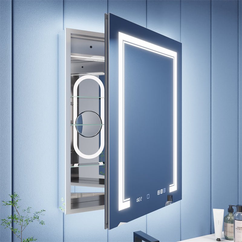 Illusion - B 24" x 32" LED Lighted Inset Mirrored Medicine Cabinet with Magnifiers Front and Back Light,Hinge on Right