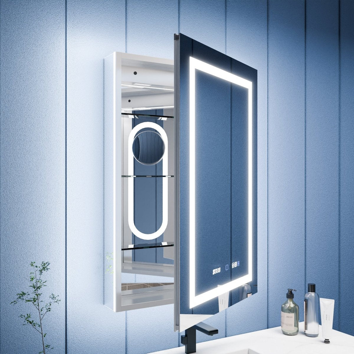 Illusion - B 24" x 36" LED Lighted Inset Mirrored Medicine Cabinet with Magnifiers Front and Back Light, Right Hinge