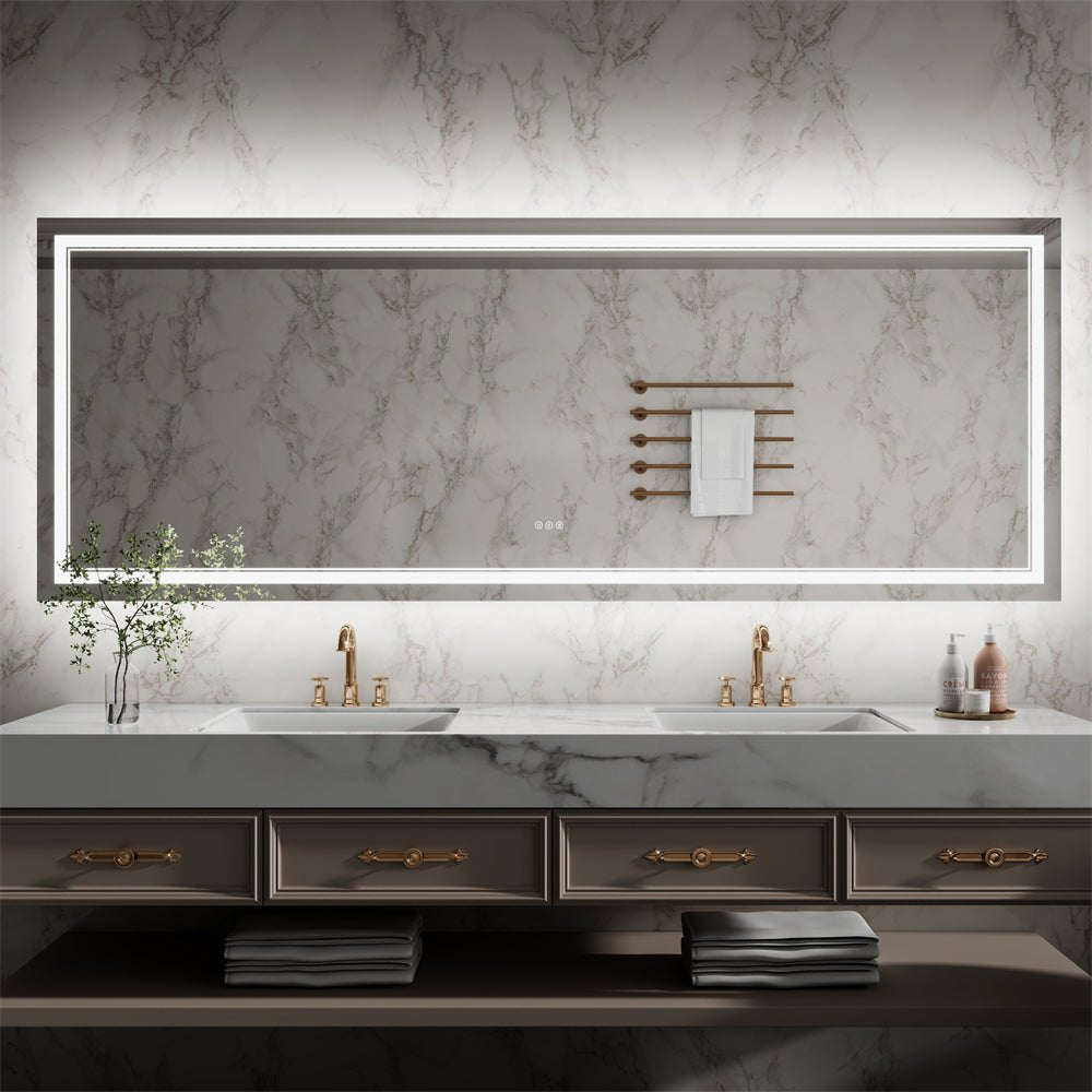 Linea 96" W x 36" H LED Heated Bathroom Mirror,Anti Fog,Dimmable,Front - Lighted and Backlit, Tempered Glass