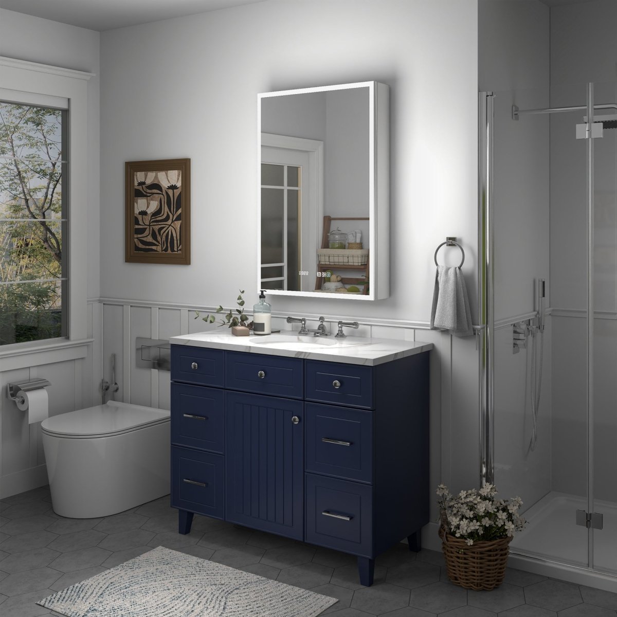 Rim 24" W x 36" H LED Lighted Medicine Cabinet with Mirrors in Bathroom.