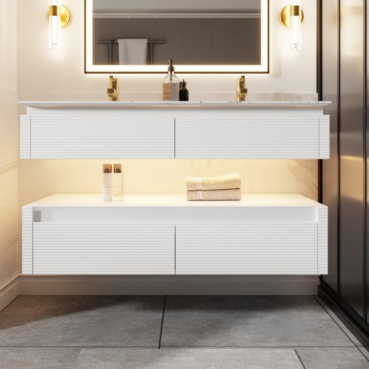 Segeo 48" Modern Solid Oak Floating Bathroom Vanity Cabinet White with Lights and Marble Countertop, Dual Basins