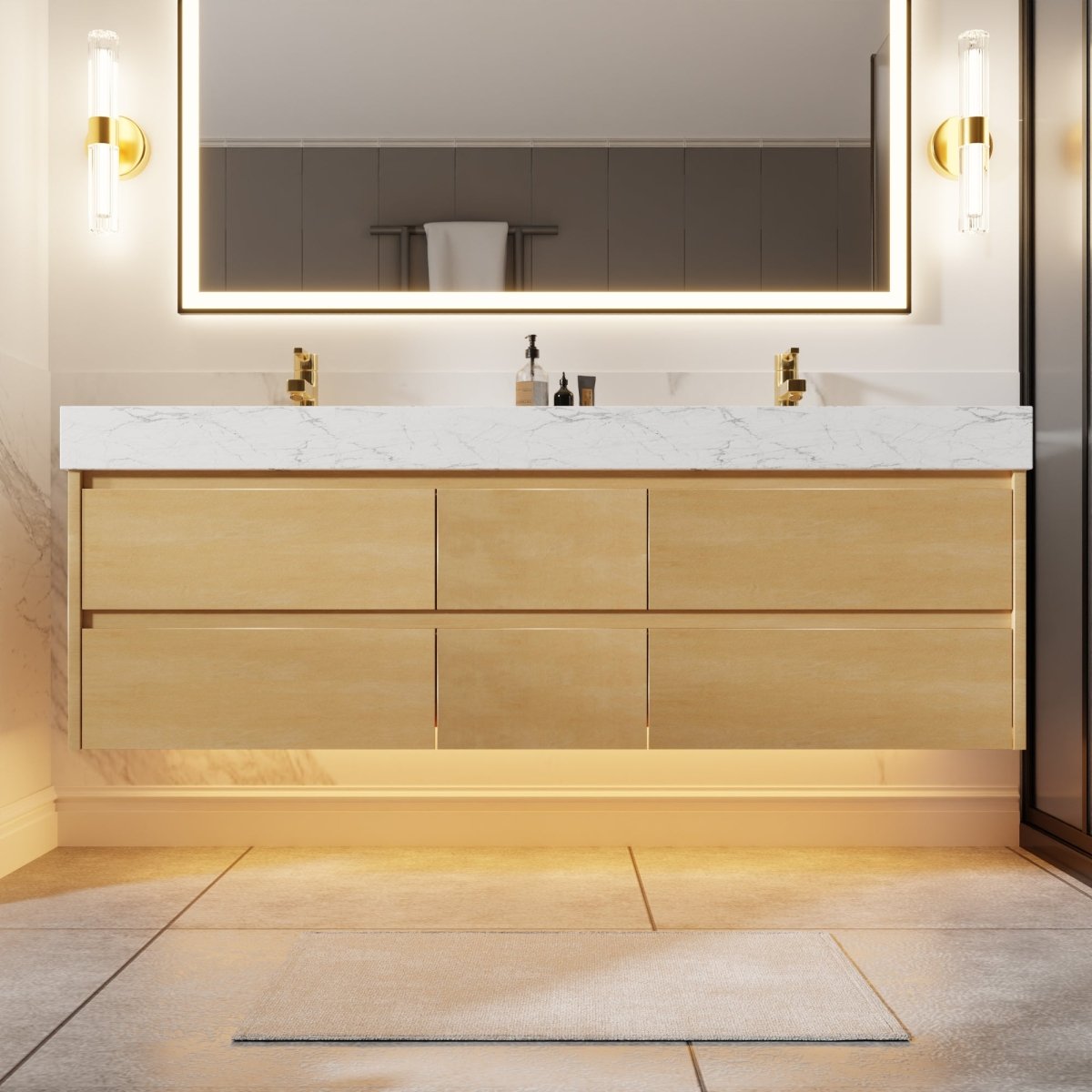 Sleek 60" Modern Floating Maple wood Bathroom Vanity Cabinet with with Lights and Stone Slab Countertop