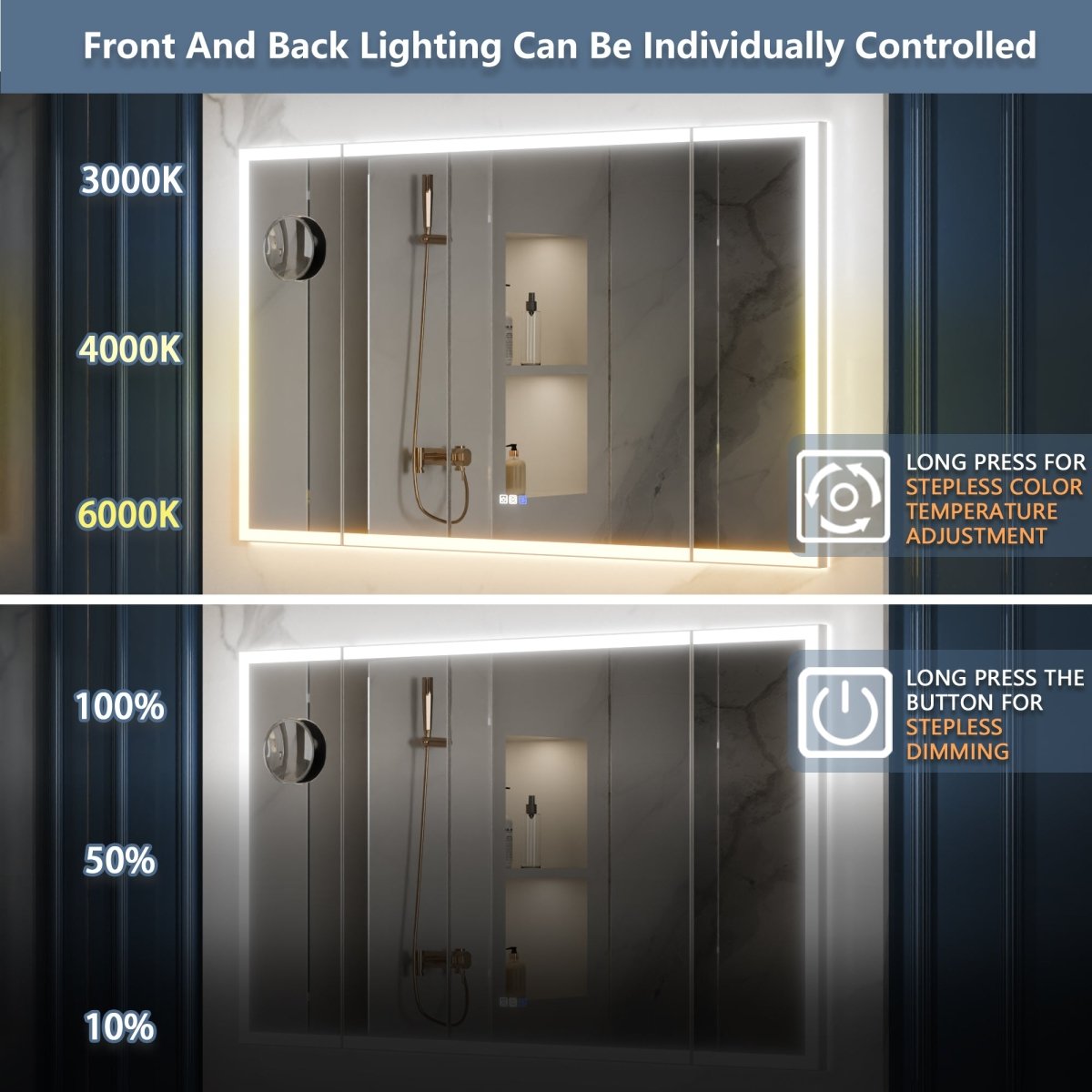TriFold 60" W x 36" H LED Lighted Tri - Fold Bathroom Mirror, Front & Back Lighting, with Movable 10X Magnifying Mirror