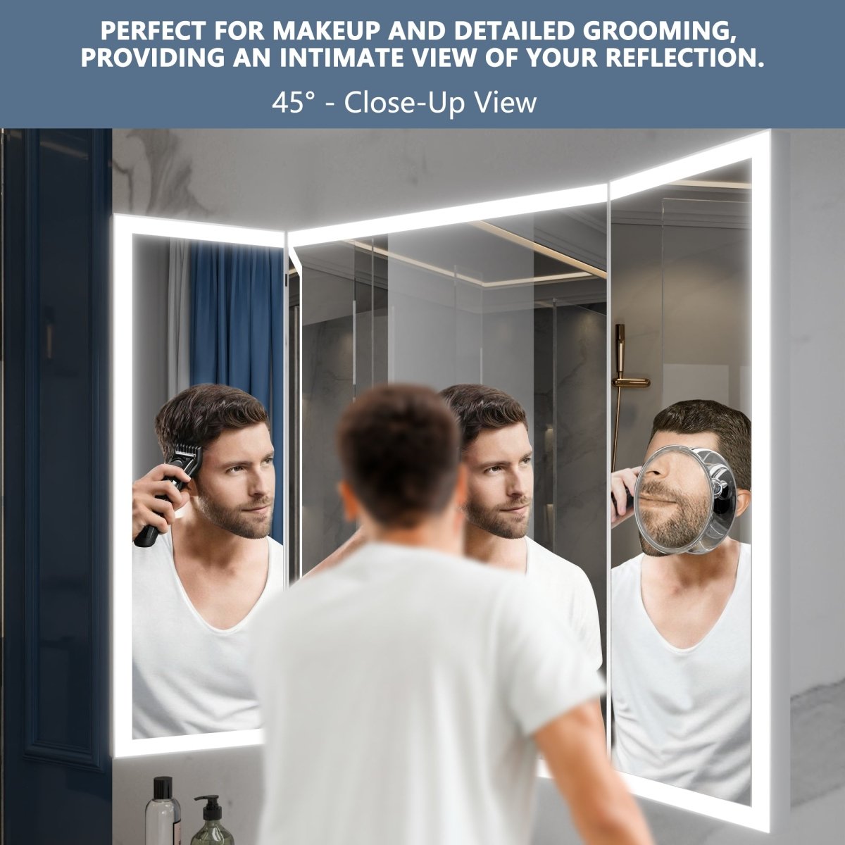 TriFold 66" W x 36" H LED Lighted Tri - Fold Bathroom Mirror, Front & Back Lighting, with Movable 10X Magnifying Mirror