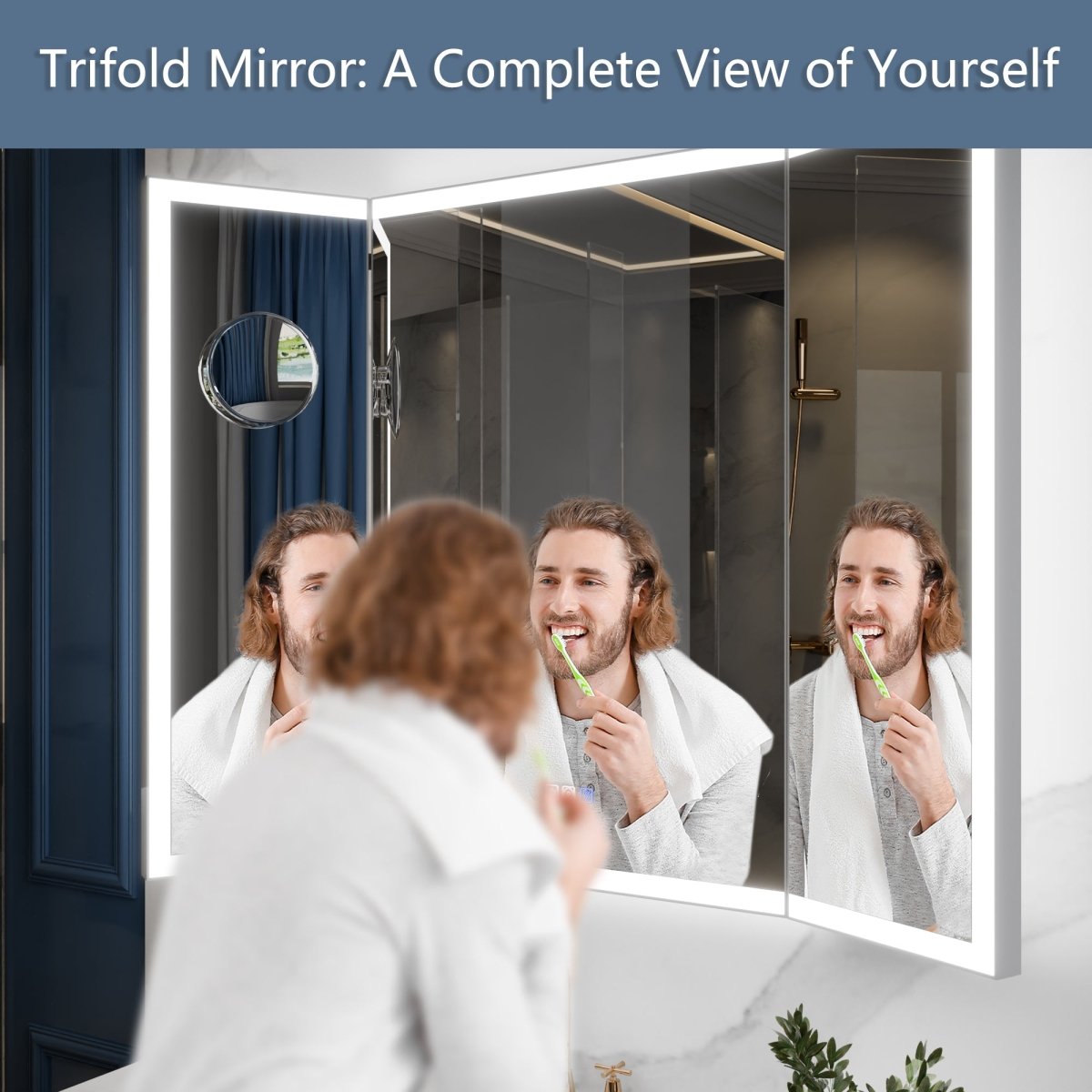 TriFold 66" W x 36" H LED Lighted Tri - Fold Bathroom Mirror, Front & Back Lighting, with Movable 10X Magnifying Mirror