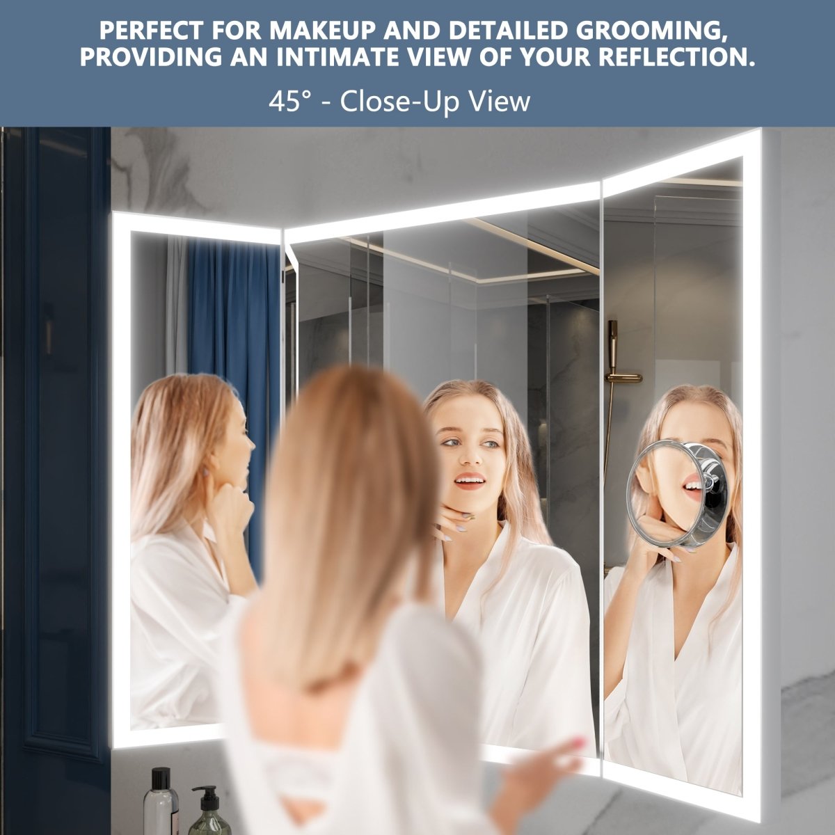 TriFold 66" W x 36" H LED Lighted Tri - Fold Bathroom Mirror, Front & Back Lighting, with Movable 10X Magnifying Mirror