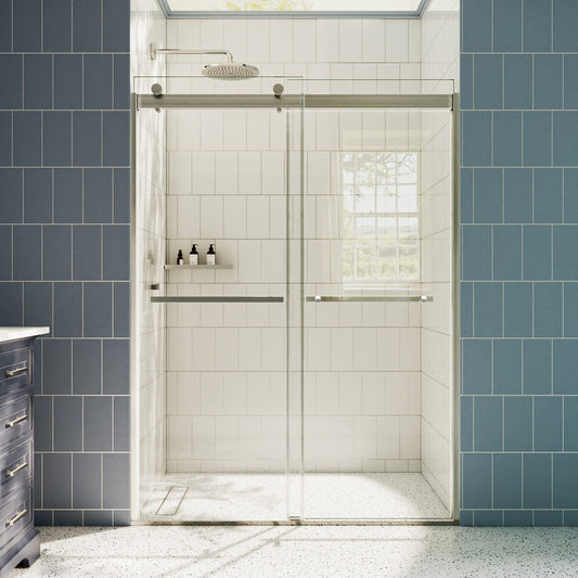 ExRoll 44-48" x 74" Frameless Shower Sliding Glass,Brushed Nickel,Water Repellent Glass Shower Door,Explosion-proof,Easy-to-clean coating