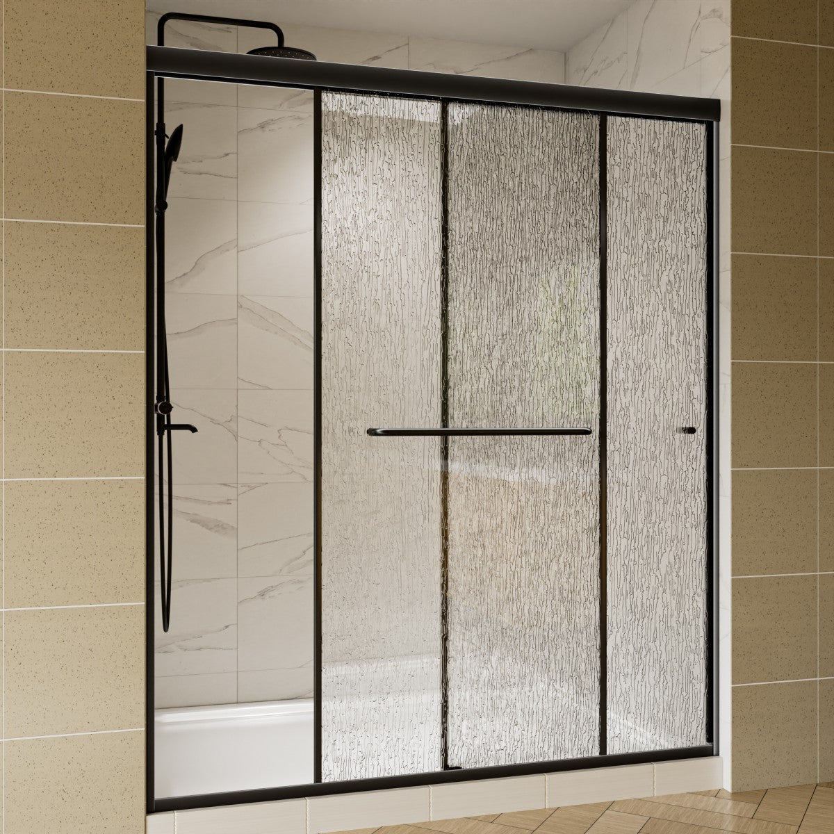Glide-RA Semi-Frameless Shower Door 56-60 in. W x 70 in. H Bypass Sliding Shower Enclosure,Matte Black,Double Sliding Rain Glass Doors