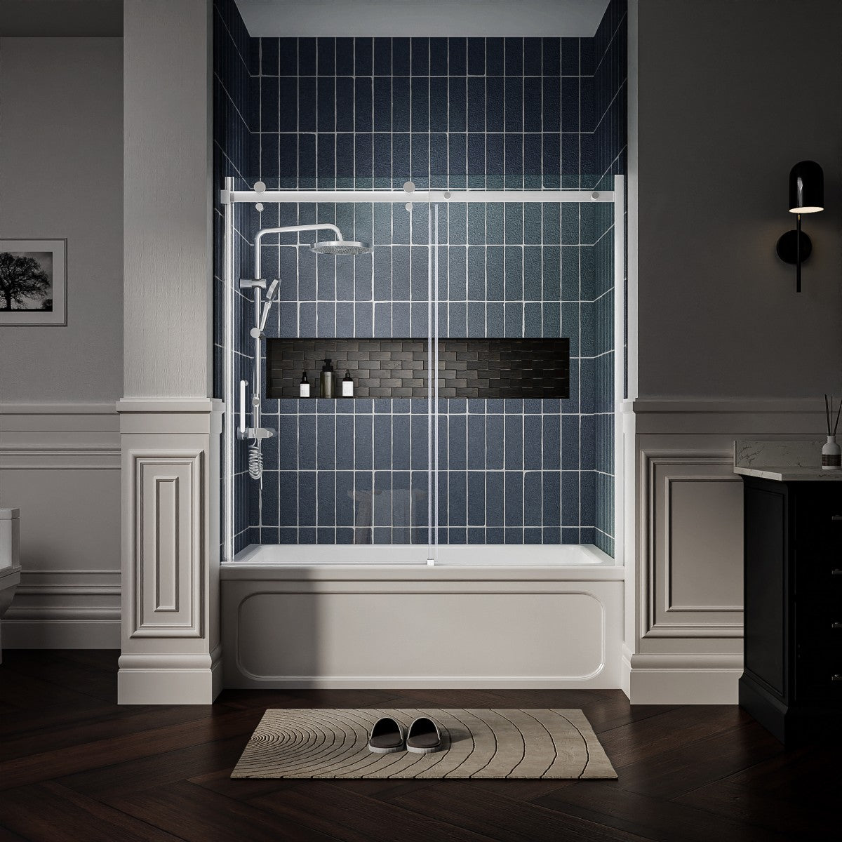 Zephyr 56-60" Semi-Frameless Single Sliding Tub Door,Chrome,Bypass Bathtub Shower Tempered Glass Door with Explosion-Proof Film