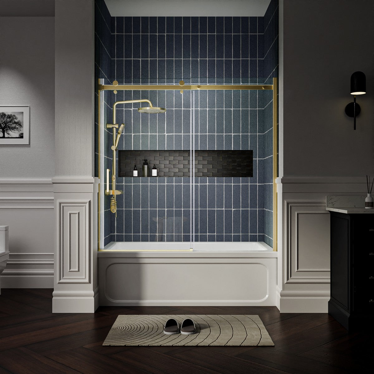 Zephyr 56-60" Semi-Frameless Single Sliding Tub Door,Brushed Gold,Bypass Bathtub Shower Tempered Glass Door with Explosion-Proof Film