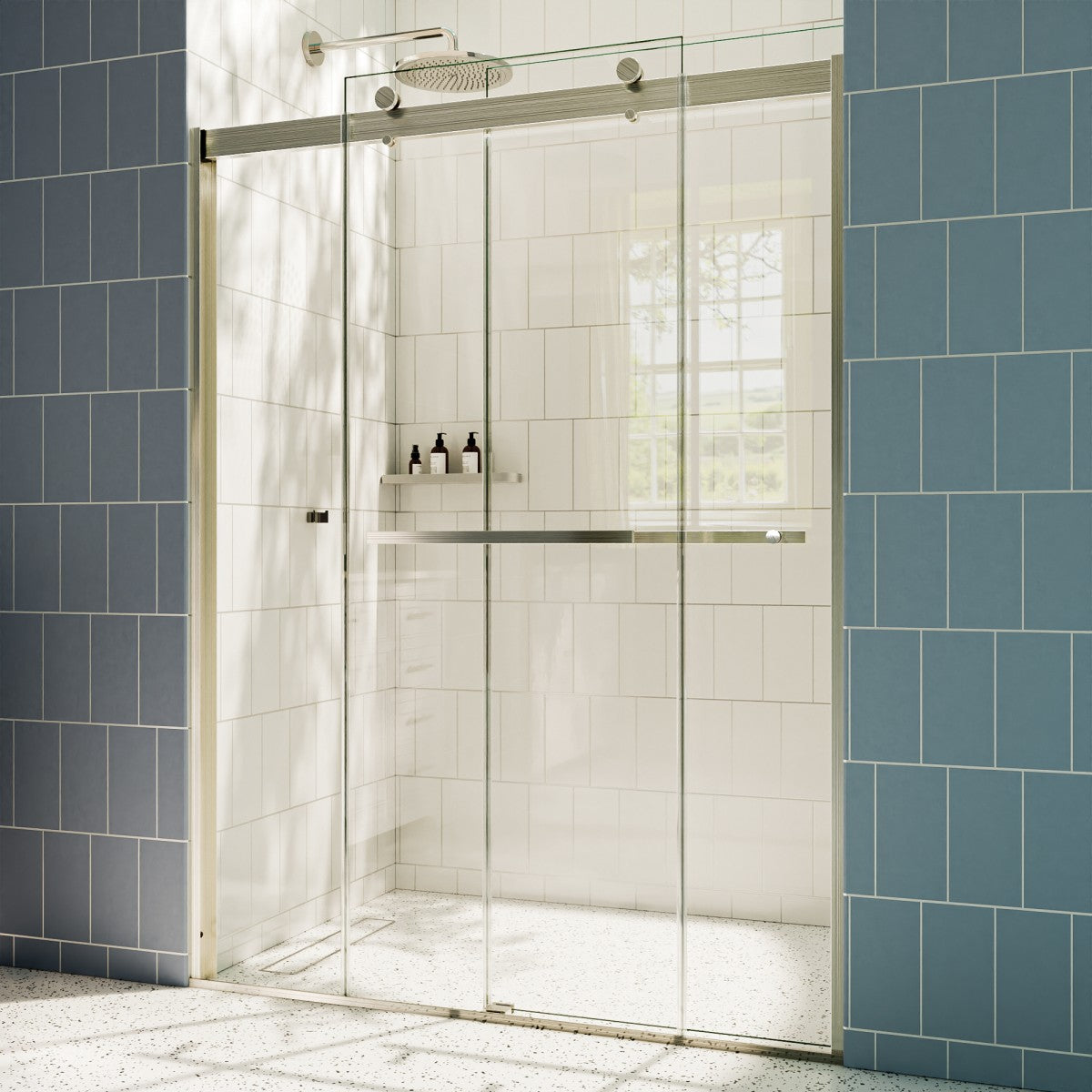 ExRoll 44-48" x 74" Frameless Shower Sliding Glass,Brushed Nickel,Water Repellent Glass Shower Door,Explosion-proof,Easy-to-clean coating