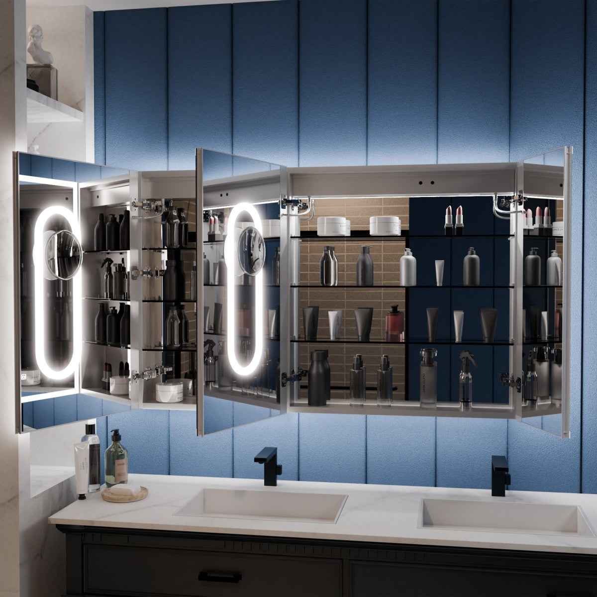 Illusion 56" x 32" LED Recessed Medicine Cabinet with Magnifiers Front and Back Light