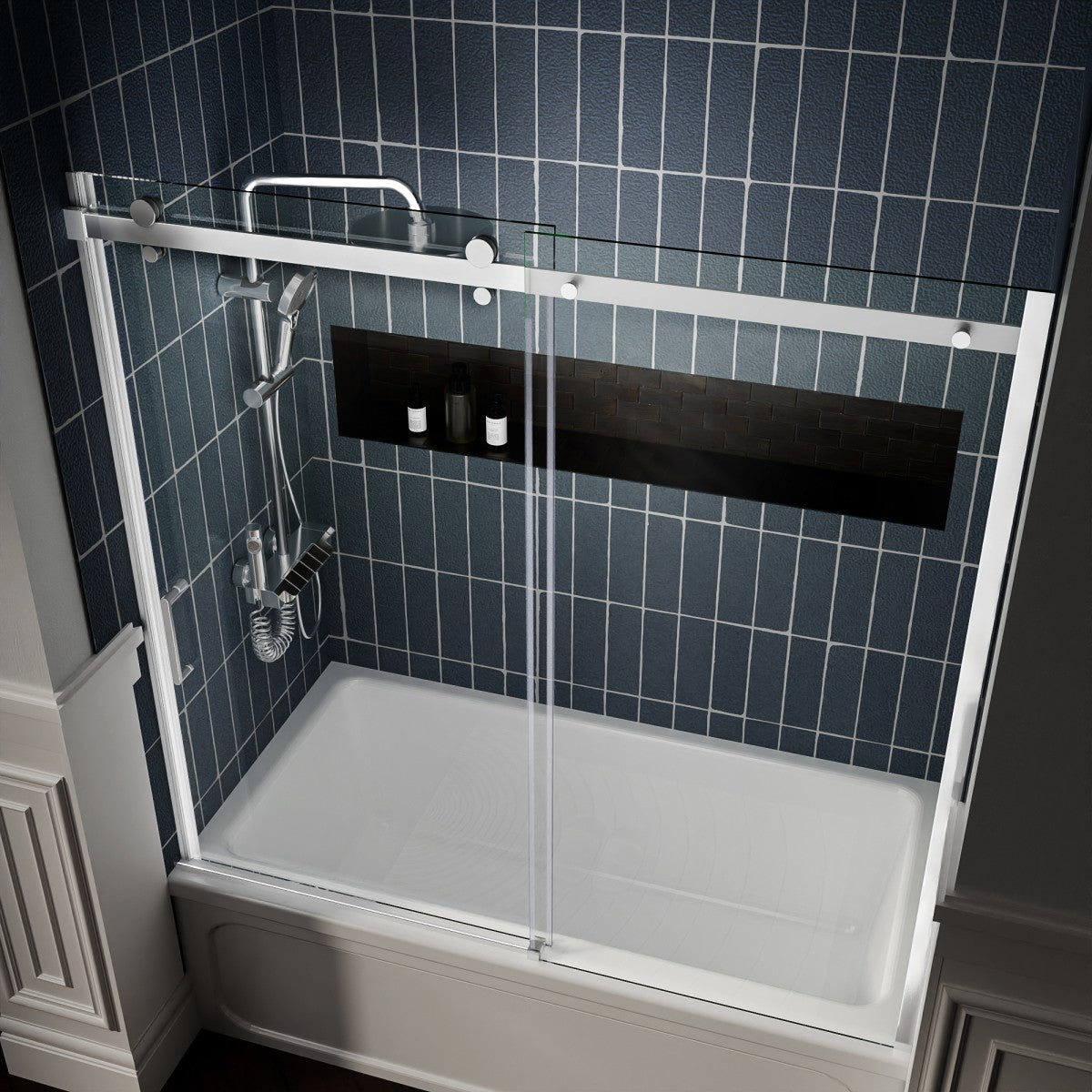 Zephyr 56-60" Semi-Frameless Single Sliding Tub Door,Chrome,Bypass Bathtub Shower Tempered Glass Door with Explosion-Proof Film