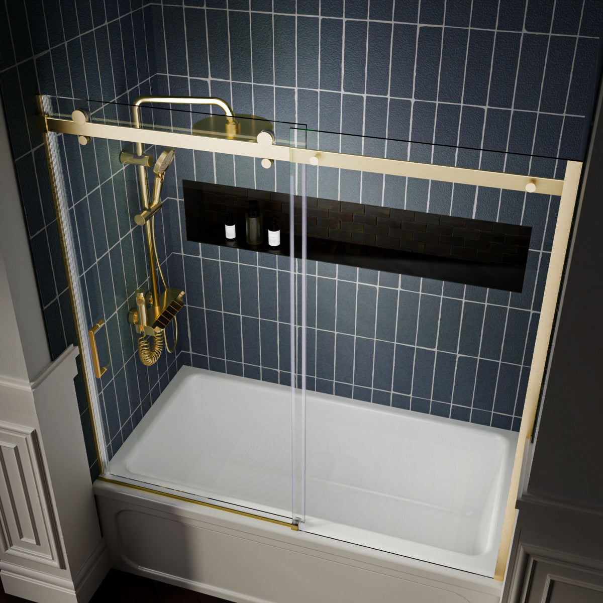 Zephyr 56-60" Semi-Frameless Single Sliding Tub Door,Brushed Gold,Bypass Bathtub Shower Tempered Glass Door with Explosion-Proof Film