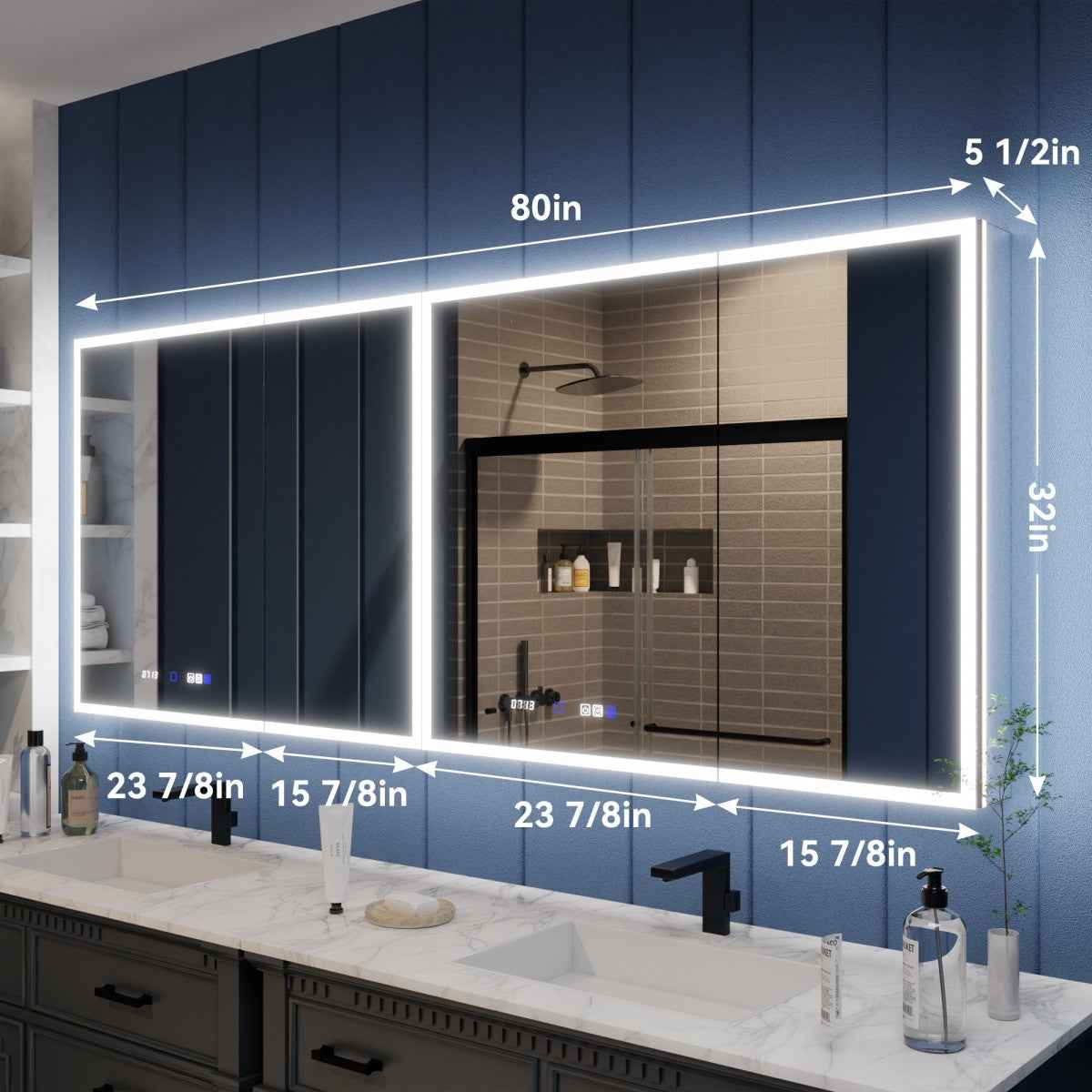 Illusion 80" x 32" LED Mirror With Medicine Cabinet with Magnifiers Front and Back Light