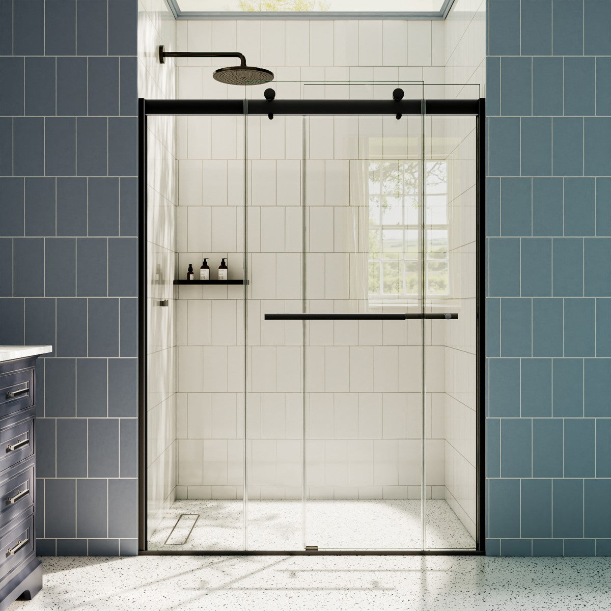 ExRoll 44-48" x 74" Frameless Shower Sliding Glass,Matte Black,Water Repellent Glass Shower Door,Explosion-proof,Easy-to-clean coating