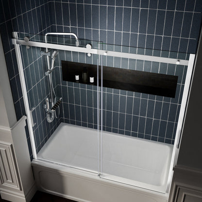 Zephyr 52-56" Semi-Frameless Single Sliding Tub Door,Chrome,Bypass Bathtub Shower Tempered Glass Door with Explosion-Proof Film