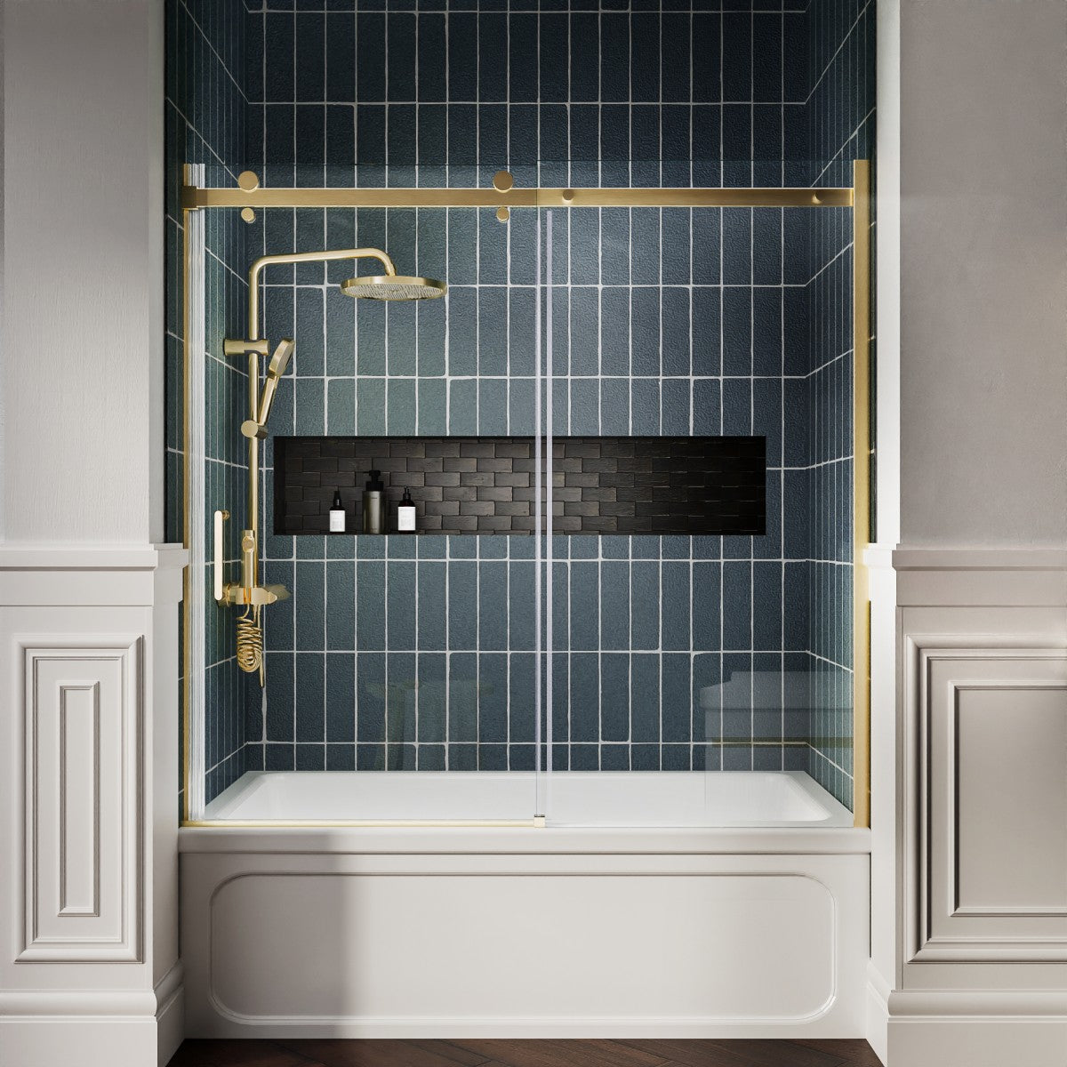Zephyr 56-60" Semi-Frameless Single Sliding Tub Door,Brushed Gold,Bypass Bathtub Shower Tempered Glass Door with Explosion-Proof Film