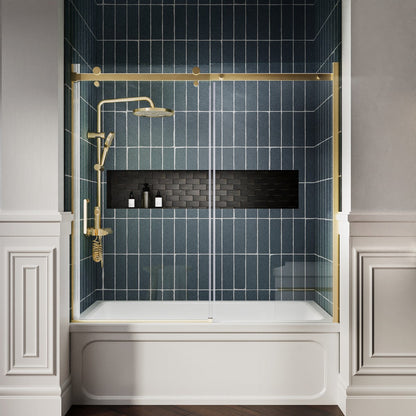 Zephyr 56-60" Semi-Frameless Single Sliding Tub Door,Brushed Gold,Bypass Bathtub Shower Tempered Glass Door with Explosion-Proof Film