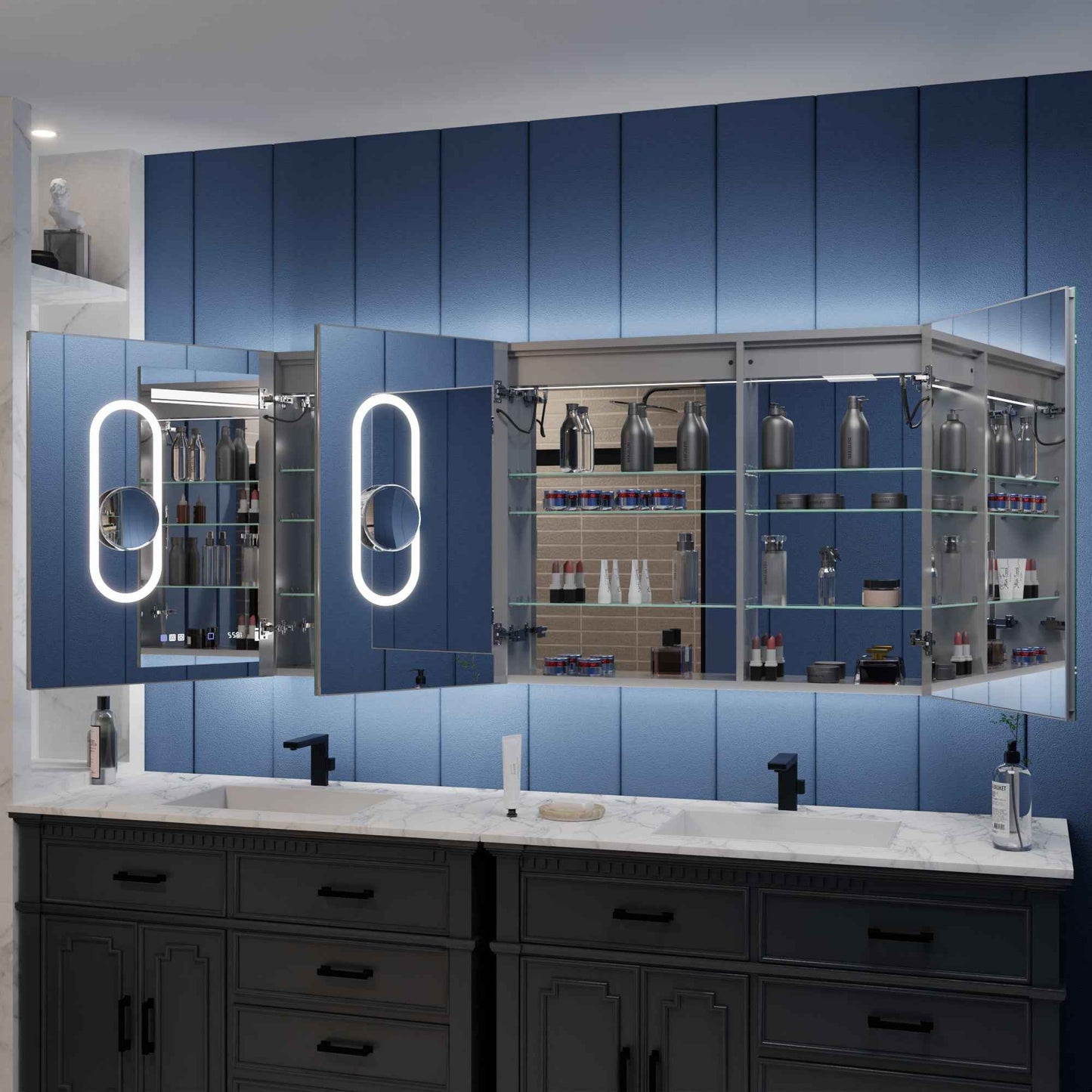 Illusion-B 64" x 32" Led Bathroom Mirror With Medicine Cabinet with Magnifiers Front and Back Light