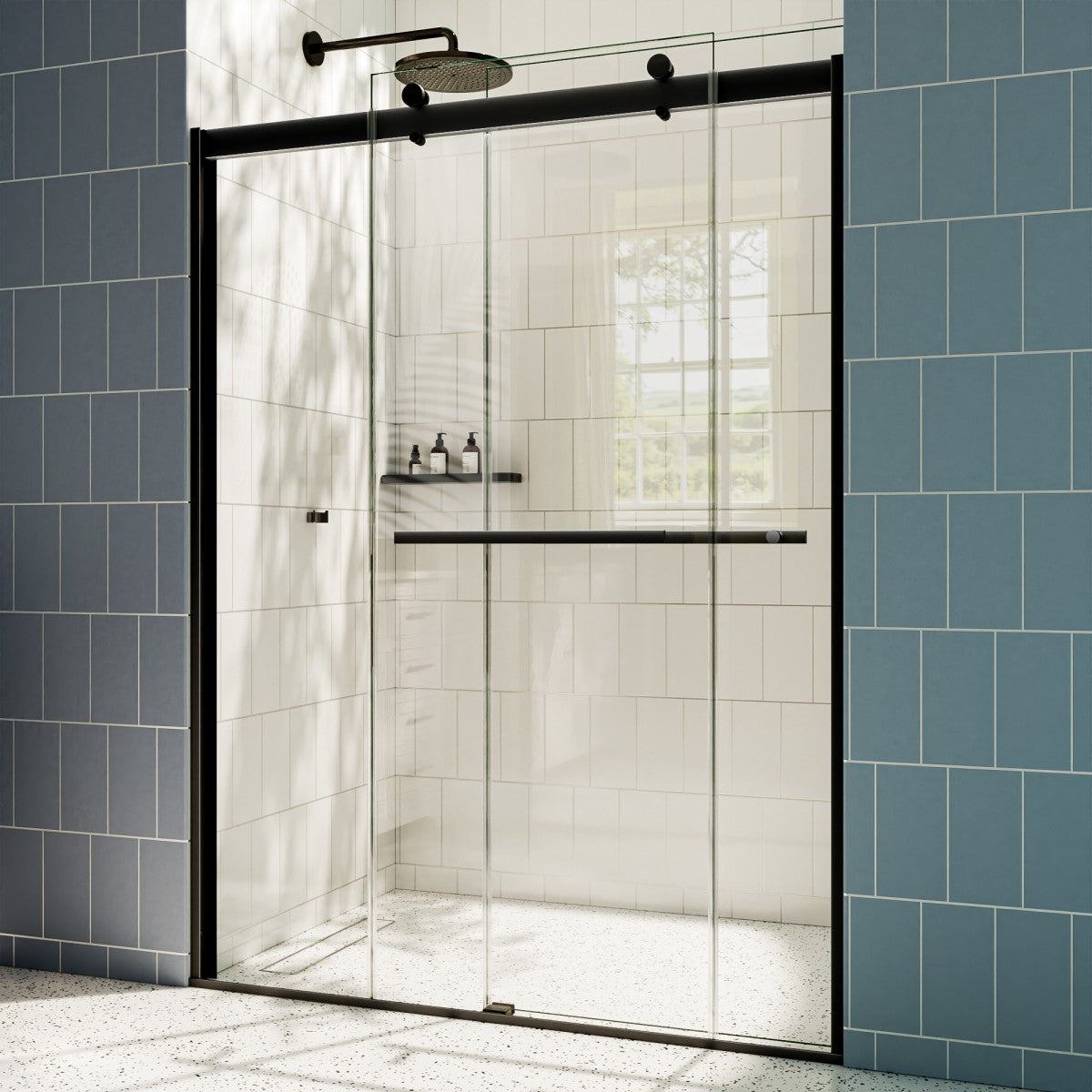 ExRoll Semi-Frameless Shower Sliding Glass 50-54 in. W x 74 in. H Bypass Sliding Shower Enclosure,Matte Black,Explosion-proof,Easy-to-clean coating