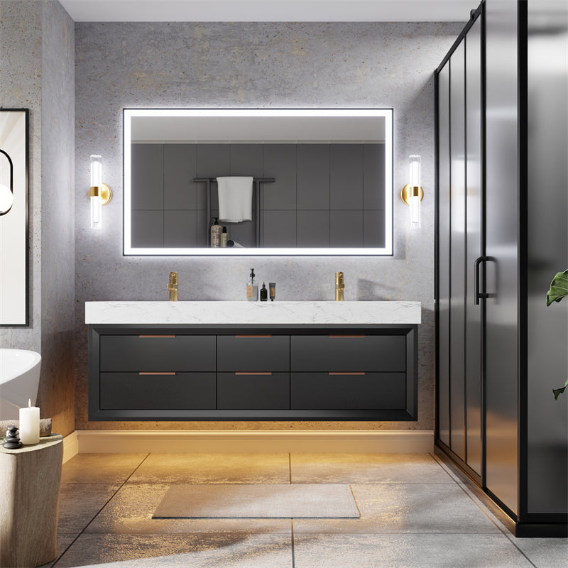 Glam 60" Modern Floating Rubberwood Bathroom Vanity Cabinet with Lights and Stone Slab Countertop in Black - ExBriteUSA