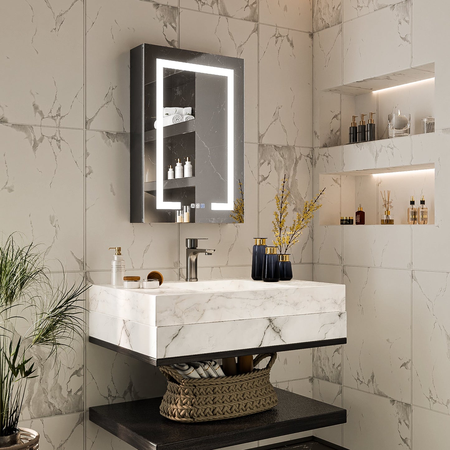 Boost-M1 20" W x 30" H Light Medicine Cabinet Recessed or Surface Mount Aluminum Adjustable Shelves Vanity Mirror Cabinet, Black Frame, Hinge on the Right - ExBriteUSA