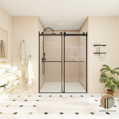ExRoll-P Allsumhome 56"-60"W x 76"H Frameless Double Sliding Shower Door,10mm Tempered Glass Shower Enclosure,Easy Clean Coat,Matte Black,Buffer