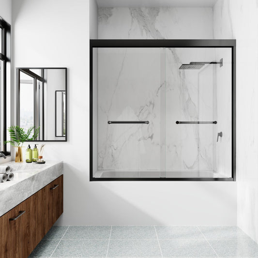 Glide-Bpro 58-60 in. Framed Double Sliding Tub Door,Bypass Bathtub Shower Tempered Glass Door,Matte Black,Explosion-Proof Film