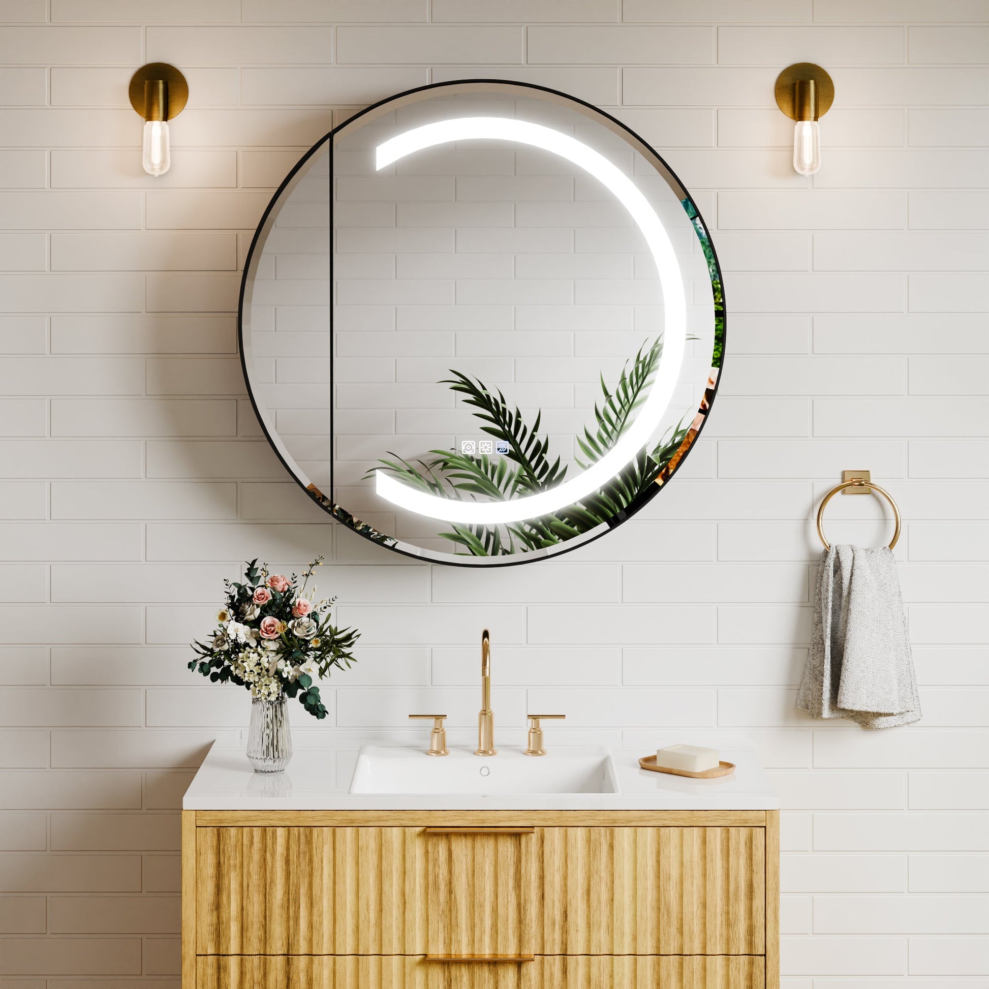 Hola 28" Round LED Medicine Cabinet �C Black Frame, Anti-Fog, Dimmable Lighting, Surface Mount - ExBriteUSA