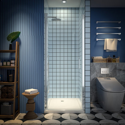 Classy 30-32" W x 72" H semi-frameless chrome pivot shower door with handle in modern bathroom setting.