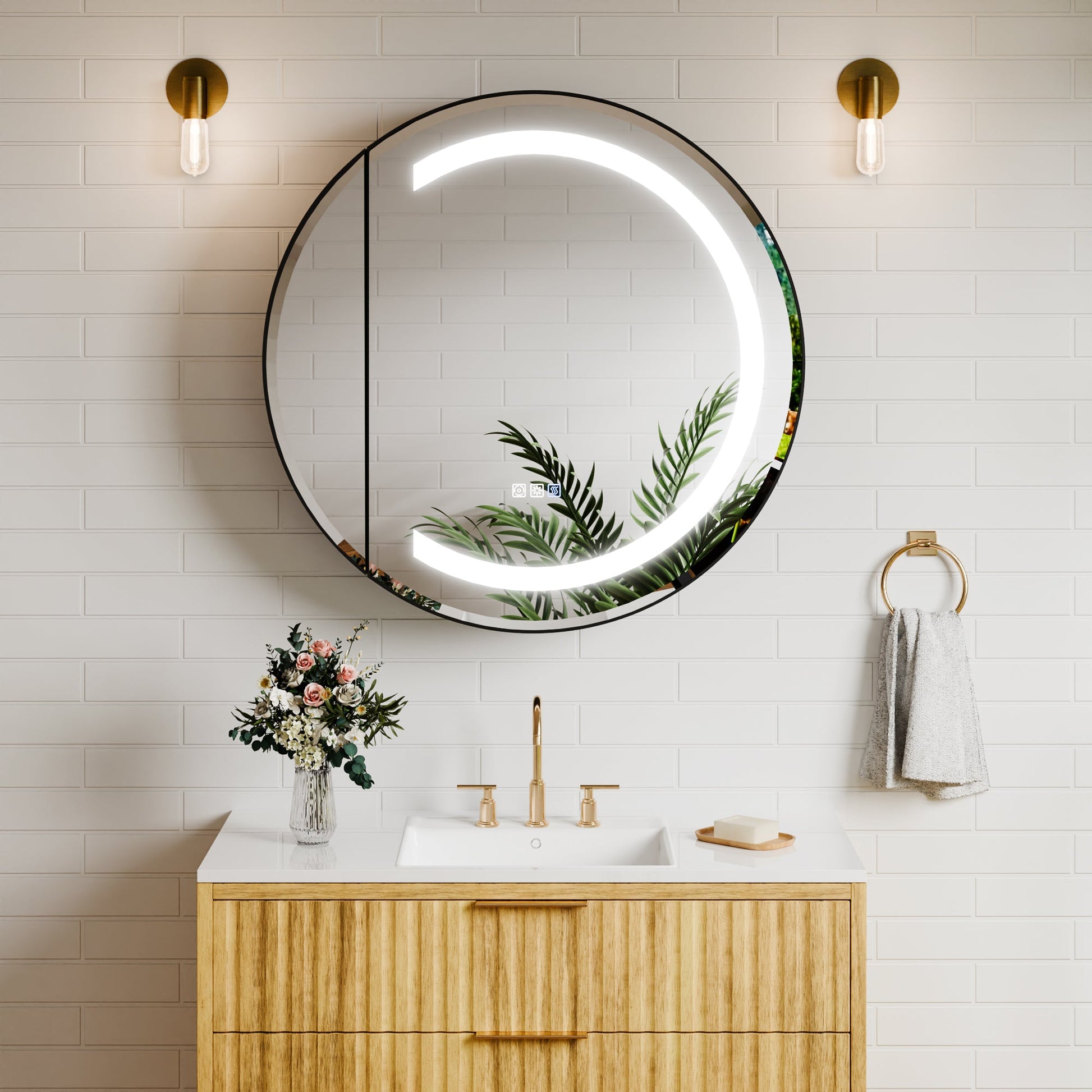 Hola 30" Round LED Medicine Cabinet �C Black Frame, Anti-Fog, Dimmable Lighting, Surface Mount - ExBriteUSA