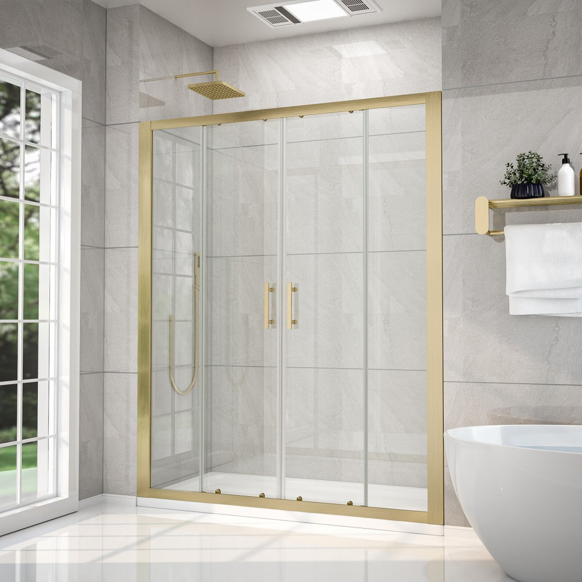 Modern bathroom with a gold-framed shower enclosure