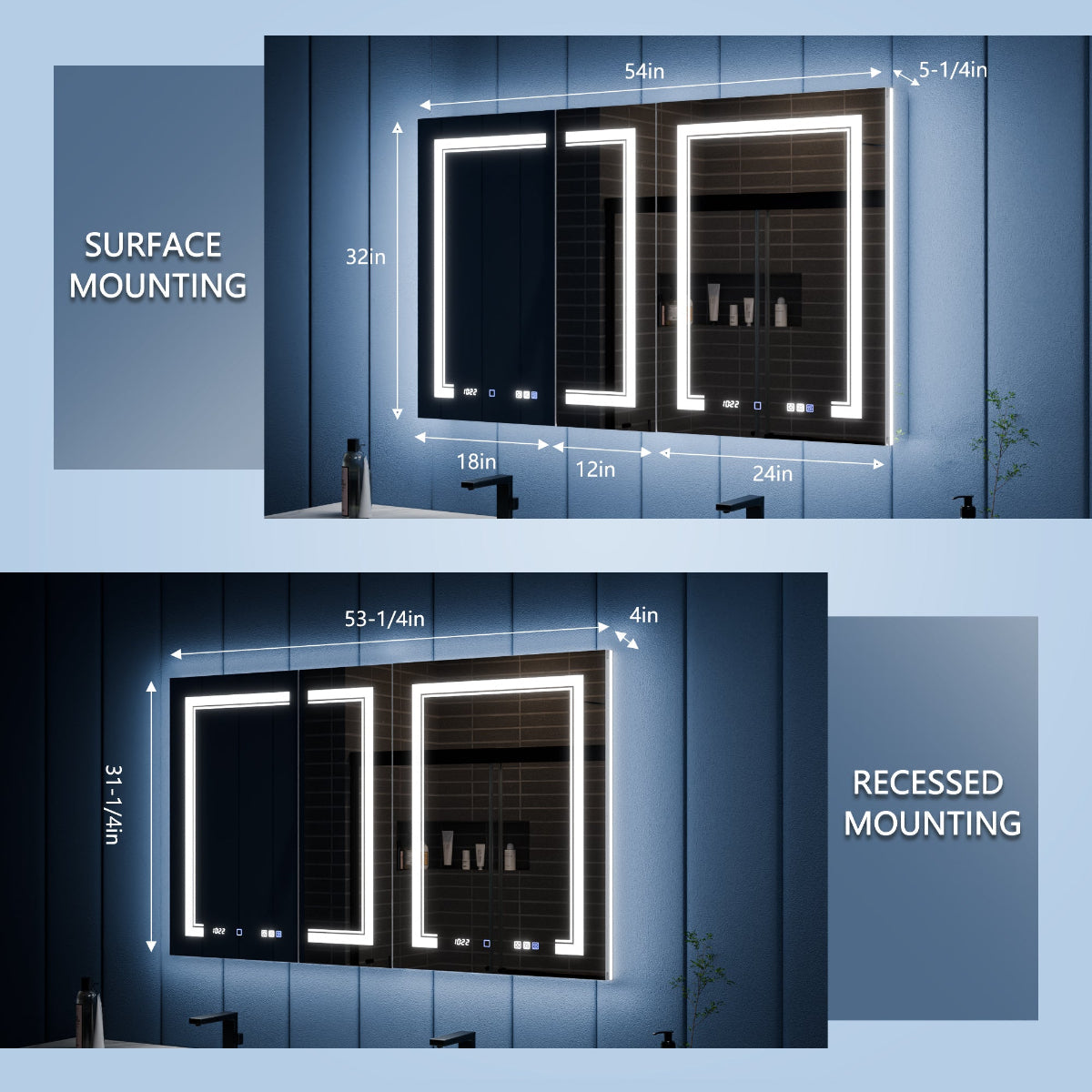 Illusion-B 54" x 32" LED Lighted Inset Mirrored Medicine Cabinet with Magnifiers Front and Back Light - ExBriteUSA