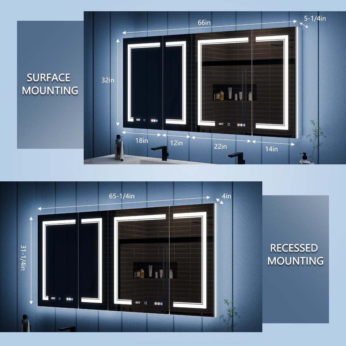 Illusion-B 66" x 32" LED Lighted Inset Mirrored Medicine Cabinet with Magnifiers Front and Back Light - ExBriteUSA
