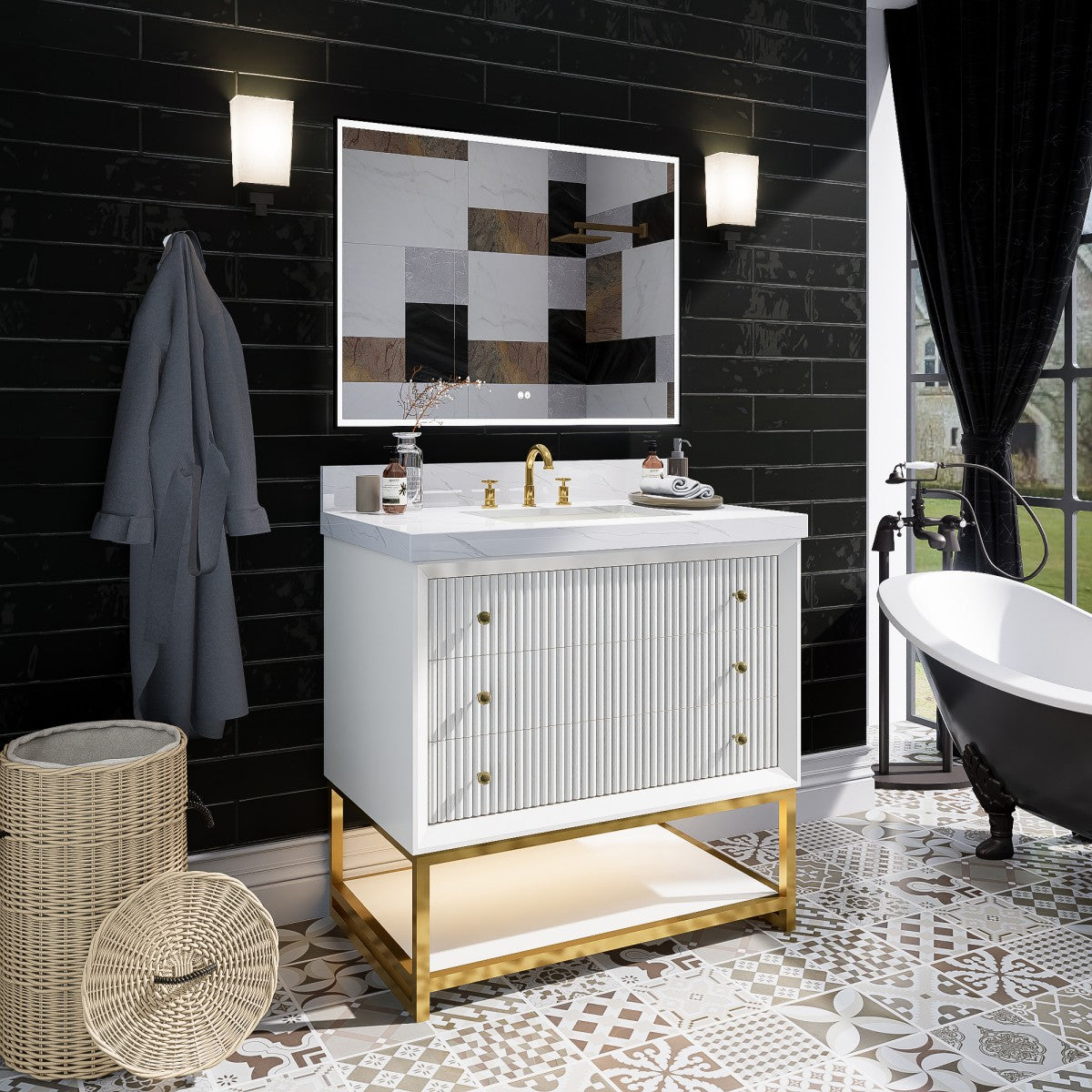 Brillare-W 36" LED Bath Vanity With Sink,Cultured Marble Top,White,Solid Oak Build,Soft-Close,8 in faucet holes - ExBriteUSA