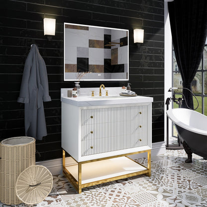 Brillare-W 36" LED Bath Vanity With Sink,Cultured Marble Top,White,Solid Oak Build,Soft-Close,8 in faucet holes - ExBriteUSA