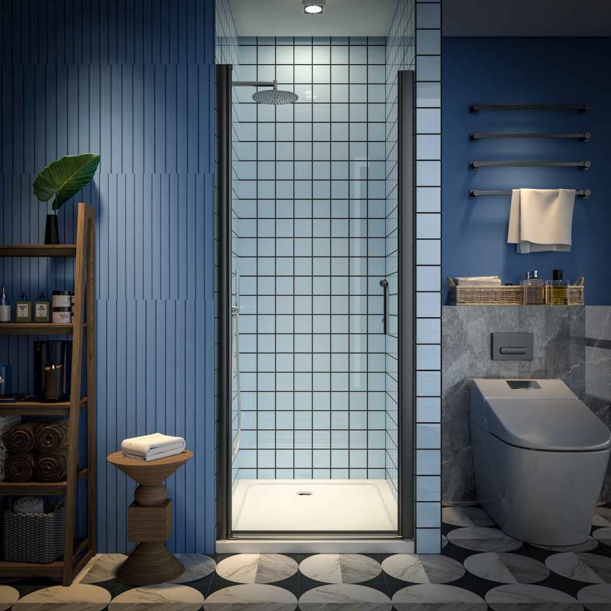 Classy 30-32" W x 72" H Pivot Shower Door Semi-Frameless Matte Black Hinged Glass Shower Door with Handle