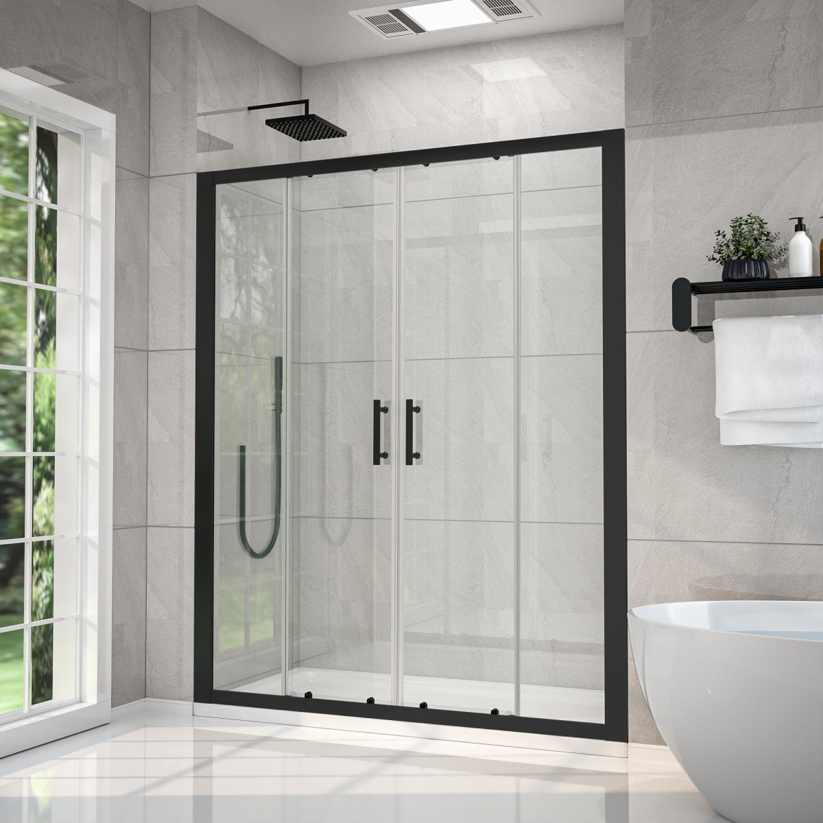 Holden 56-60"W x 70"H Easy Clean Shatter Proof Double Framed Sliding Shower Door with 1/4" (6mm) Clear SGCC Tempered Glass,Matte Black Finish